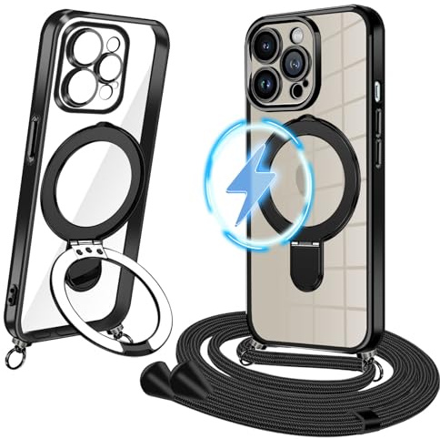 Handykette für iPhone 15 Pro Max Hülle mit Band [Kompatibel mit MagSafe] Transparent Silikon Handyhülle mit Kette Durchsichtig Schutzhülle zum Umhängen Stoßfeste Hüllen mit Schnur Case mit Ständer