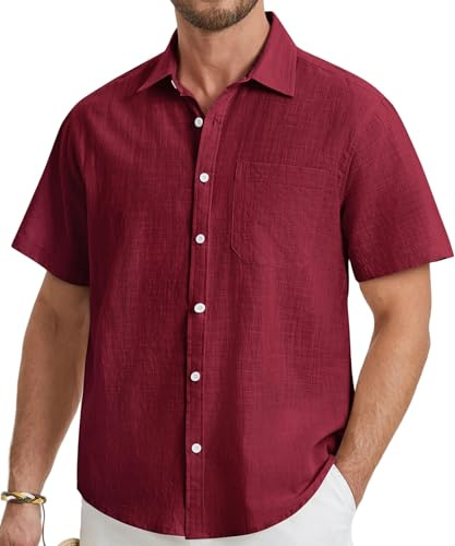 HISDERN Herr kortärmade linnetröjor ledig button-down vanlig skjorta med ficka för sommar strand normal passform, Vinröd, XL