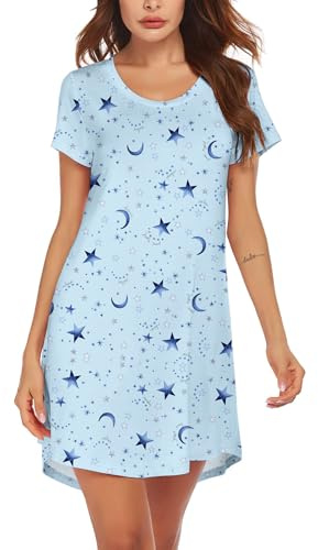 MAXMODA Nattlinne för kvinnor, kortärmad bomull, nattkläder, negligéer, sovskjorta, T-shirt, S-XXL, Blå stjärna måne, S