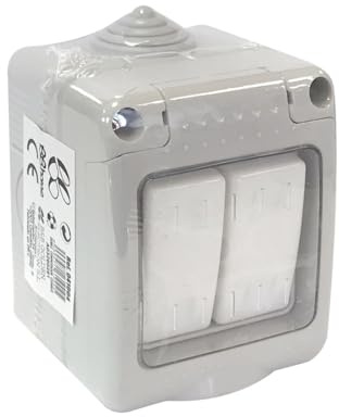 Doble Conmutador Estanco IP55 10A 250V para controlar luces y dispositivos en exteriores y ambientes húmedos.