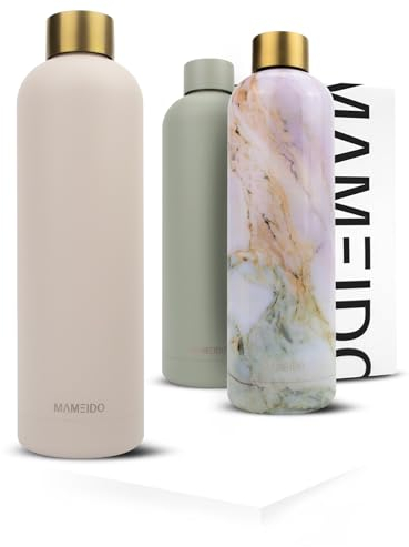 MAMEIDO Thermosflasche 1 l, auslaufsichere Trinkflasche Edelstahl, Kohlensäure geeignet, BPA frei, Isolierflasche 12h heiß & 24h kalt (Ivory Beige Gold)