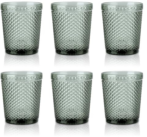 Joeyan 300ml Grau Trinkgläser Set von 6,Bunt Wassergläser Set mit Diamant Relief,Vintage Gläser Set for Zuhause Restaurant Bar,Spülmaschinenfest
