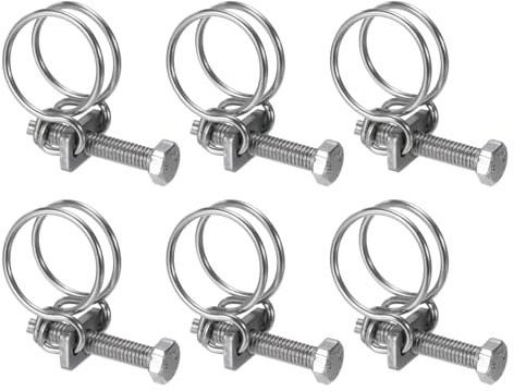 Sourcing Map 6Pcs Double Wire Hose Clamp, 21-25mm Adjustable Stainless Steel Wire Clips with M6 Bolt for Dust Collection and Pump Pipe