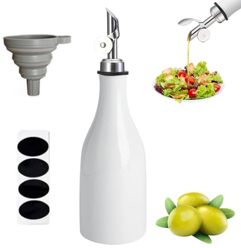 Oliera 300 ml keramisk olivolja dispenser med gravitationsmunstycke, automatisk fällbart lock olivolja och vinäger dispenser med tratt, för kaffesirap (vit)