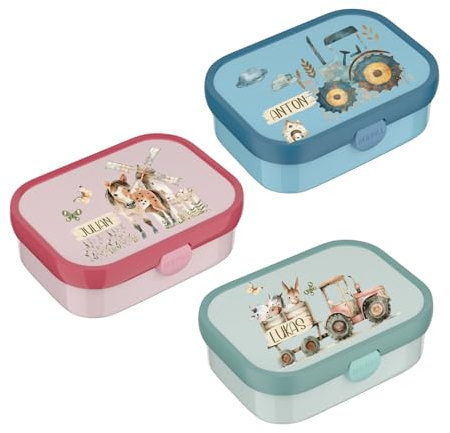 wolga-kreativ Mepal Campus Brotdose Kinder mit Fächern - Personalisierte Lunchbox mit Namen für Schule, Kindergarten und Einschulung - Motiv Bauernhof - Brotbüchse mit Unterteilung Kinder