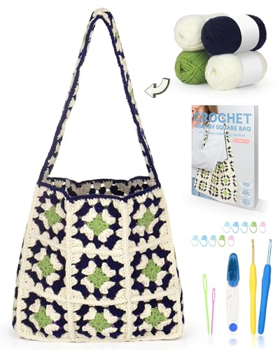 Katech Häkelset für Anfänger, Häkelset für Tasche aus Granny Squares, Häkel Set Stricken für Anfänger Set mit Schritt-für-Schritt-Anleitung, Häkelzubehör, Häkelnadel 3,5 und 4,0mm, Häkel Granny Square