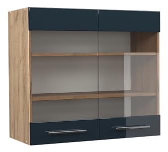 Vicco Küchenglasschrank Fame-Line, Dunkelblau Hochglanz, 80 cm | MDF-Front · Soft-Close · Tiefe – 34,1 cm · Metallgriffe · ✓ Alles im Blick