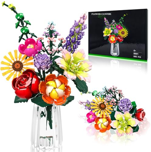 OKKIDY Flower Bouquet Building Set, Blumenstrauß-Bausatz, DIY-Pflanzenstrauß für Büro und Haus, Geburtstag Oder Muttertag, für Jungen und Mädchen 6+, 861PCS no Vase