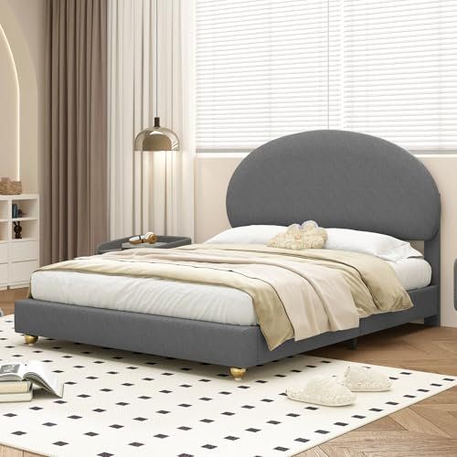 TIZZ Teddy Samt Polsterbett Doppelbett Polsterbett mit bogenförmigem Kopfteil und Lattenrost,140x200cm(Grau)