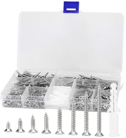 420Pcs M3 Self Tapping Screws, 304 Stainless Steel Wood Screw Cross Flat Head for Woodwork,Metal, Steel Tile, Contains 20pcs M6 Screw Anchors