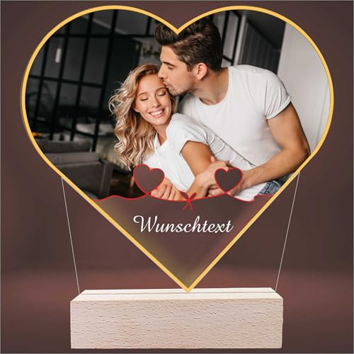 INDIGOS UG - LED Lampe personalisiert - Herz - mit Foto & Wunschtext - individuell selbst gestalten - Geschenk - Valentinstag - Fotogeschenke Acrylglas 14x14 cm - optional warmweiss
