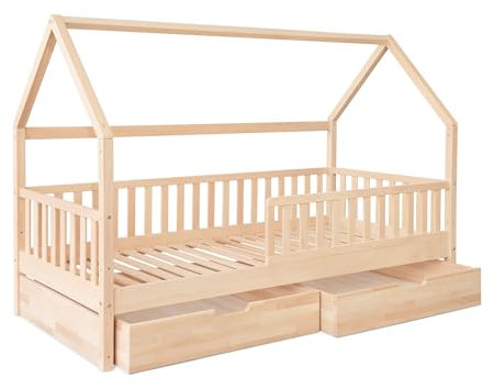 Ehrenkind® Hausbett Buche Livo | FSC Zertifiziert | Kinderbett mit Rausfallschutz | höhenverstellbar Massivholz | Kinder Bett | Hausbett 200x90 | Natur mit Doppelschublade
