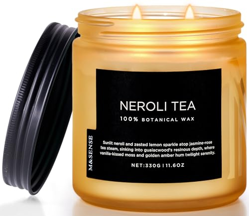 M&SENSE Neroli Te Doftljus - 330g Naturlig Sojavax Giftfri 70-timmars Brinntid, 2-växar Citrusdoft Ljuskällor för Stresslindring & Avkoppling - Långsamt Brinnande Hemdoft Present för Semester