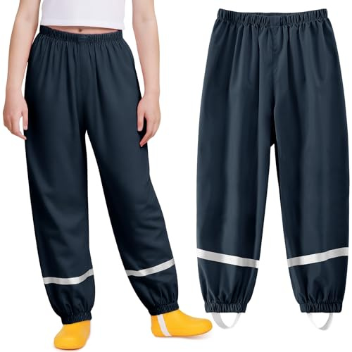 Domueay Pantalon Impermeable para Niño Niña Pantalón de Lluvia Unisex Reflectante Sin Forro Pantalón Barro Transpirable Ligero Ropa Impermeable Outdoor 7-8 años, Azul Marino