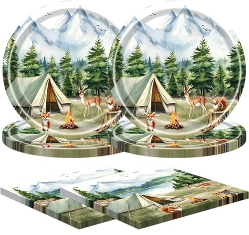 Set di 40P Posate per Feste in Carta, Forniture per feste in campeggio, stoviglie per feste in campeggio, piatti da dessert, piatti, falò, foresta, picnic, avventura