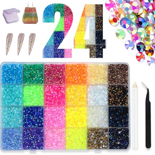 Strass Unghie, 12000 pezzi strass per unghie, 24 colori Brillantini Unghie Nail Art, con Pinzetta e Penna per Punteggiatura di Strass, Brillantini per Unghie,Per Nail Art Professional, 5mm