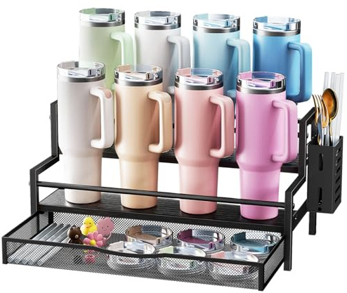 Kssiaz Portavasos para Copas Stanley, Organizador de Copas Stanley de 2 Niveles para 8 Copas, Organizador de Botellas con Cajón y Caja Lateral, Expositor de Tazas para Almacenaje de Cocina, Negro