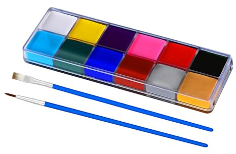 ENJSD Face Paint 14 PCS Face Painting for Kids Adults, Washable Makeup Set | Oil Based Non-Toxic 12 Vivid Colors & 2 Brushes, Easily Washable Safe Body Painting for Halloween Makeup and Cosplay