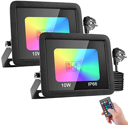 RGB LED Strahler mit Stecker 10W 2 Stück,16 Farben 4 Modi Farbwechsel Fluter Flutlichtstrahler,LED Scheinwerfer mit Fernbedienung & Memory-Funktion,IP66 Wasserdicht Außenstrahler für Garten Party
