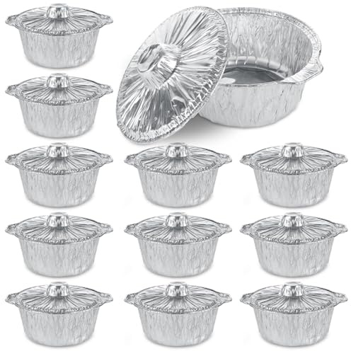 LOLYSIC Confezione da 12 pentole usa e getta in alluminio con coperchi, 20,3 cm, da asporto con coperchio, capacità 2,18 g, per cottura, preparazione dei pasti, servire feste, resistenti, riciclabili