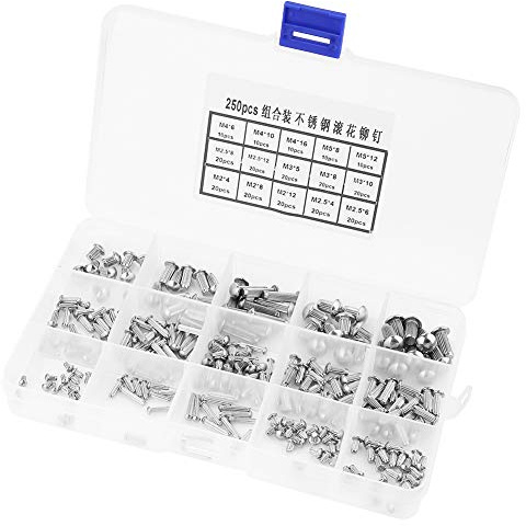 Aramox Kit de Surtido de Sujetadores de Acero Inoxidable, Remaches Sólidos de la Cabeza Redonda de 250 Piezas, Vástagos Manchados M2 M3 M4 M5, para Placas de Identificación, Etiquetas, en Caja de