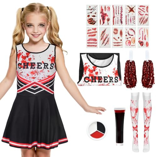 Moerstar Zombie Cheerleader Kostüm Mädchen Damen, Cheerleader Kostüm Kinder set mit Pompons Kunstblut Socken Schminkpalette Tattoo für Halloween Karneval Party