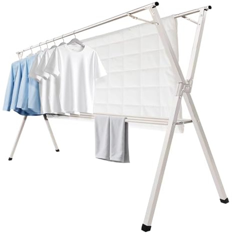 79 inches Foldable Clothes Drying Rack, Heavy Duty Stainless Steel Laundry Drying Rack for Indoor Outdoor, Clothes Rack Adjustable Length. 3 Additional Reinforcement Bars with 20 Windproof Hooks