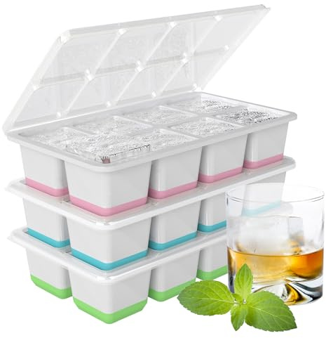 Bandejas de silicona para cubitos de hielo con tapa, moldes cuadrados grandes para whisky, para cócteles, Old Fashioned y batidos, paquete de 3 moldes de cubitos de hielo sin BPA de fácil liberación