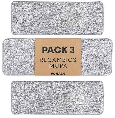 Vonala Recambios de Mopa Rectangular 40x12 cm, Pack de 3 Unidades, Paños de Microfibra con 6 Enganches, Compatible con Duodry