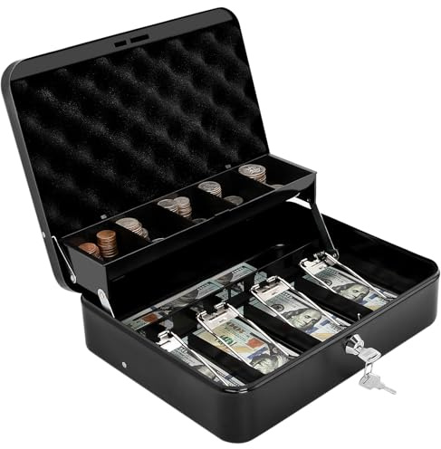 KENTOKO Cash Box with Key Lock & Foam Auto-Pop Coin Tray – Secure Steel Money Box with 4 Upgraded Finger-Safe Bill Clips, Premium Smooth Scratch-Resistant Coating, 11.8L x 9.5W x 3.5H, KL Black