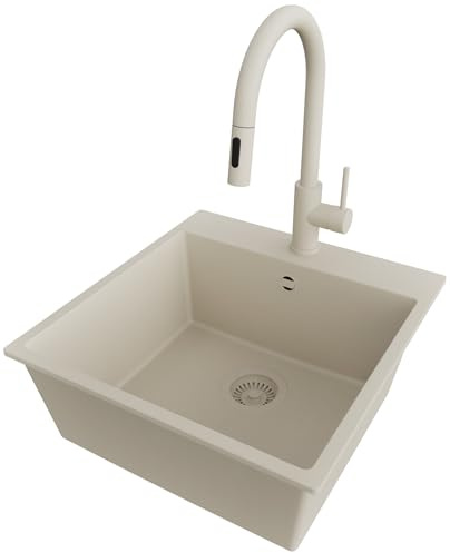 PRIMAGRAN Fregadero Granito al Mueble 50cm + Grifo, 48x50cm | Set: Grifo BW9010 + Kit de desagüe (sifón, válvula, rebosadero) + Riga 1 Seno para Cocina, Todo Beige
