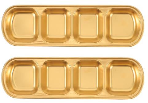 Ipetboom 2 piezas Platos para Salsas de Acero Inoxidable Cuenco Dividido Cuadrado para Condimentos Bandeja para Dip con Compartimentos Dorada para Cocina y Barbacoa