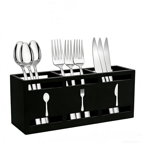 Hynorian Porta utensili da cucina in legno nero – 3 scomparti cucchiaio e portaposate con manico e cuscinetti antiscivolo per riporre utensili da cucina ordinati