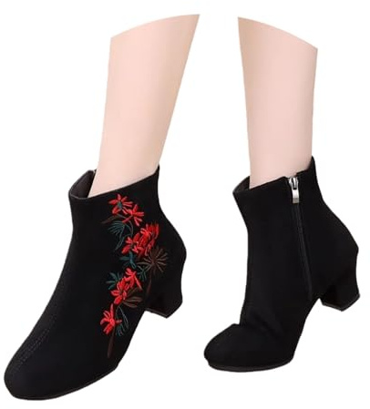 LDXEQIZ Elegant Short Boots With Floral Embroidery Classic Chelsea Booties With Heel Suede Ankle Boots With Side Zipper Warmly Plush Lined Shoes For Autumn/winter(Red,7 UK)