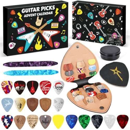 Gitarrenplektren Adventskalender 2025 mit 24 Tagen musikalischer Überraschungen, 20 Celluloid- und Holzplektren in verschiedenen Stärken plus 2 spezielle Oud-Plektren