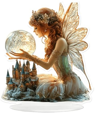 Fairy Acrylic Standee, 2D Flat Art Butterfly Fairy Desktop Standee, Magic Elf Tabletop Decorative Ornament, Creative Desktop Decor for Home Study Room Bookshel Office (Moonlight Fairy and Castle)