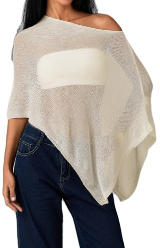 One Side Off the Shoulder Sheer Knit Poncho Tops for Women Sexy See Through Asymmetrical Cape Shawl Crochet Beach Cover Up Summer Lightweight Bolero Shrug (Cream White, One Size)