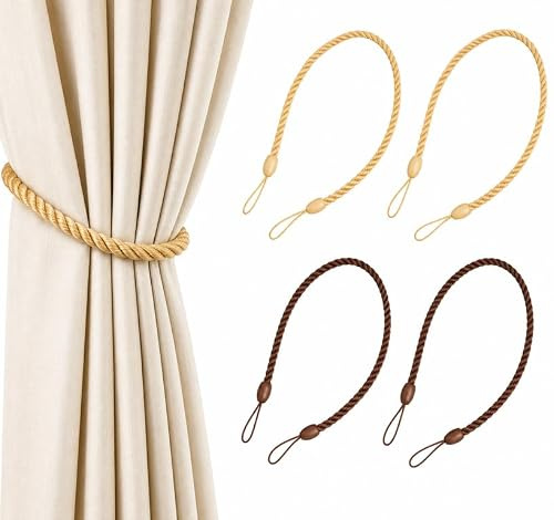 Tarqite 4 Stück Vorhang Raffhalter Seil, 83cm Verstellbar Raffhalter für Gardinen, Boho Handgewebt Vorhangkordel ohne Bohren für Wohnzimmer Schlafzimmer Büro, Fenster (Gold + Braun)