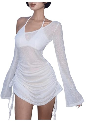 GORGLITTER Cover Up for Women Beachwear Sheer Off Shoulder Long Sleeve Summer Holiday Ruched Mini Beach Dress Swim Coverups