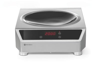 HENDI Induktionswok, für HENDI Wokpfanne 239773, Kochplatte, Kochfeld, mit einfach zu reinigendem Fettfilter, Digitale Regelung von Leistung, 230V, 3500W, 340x450x(H)120mm, Edelstahl