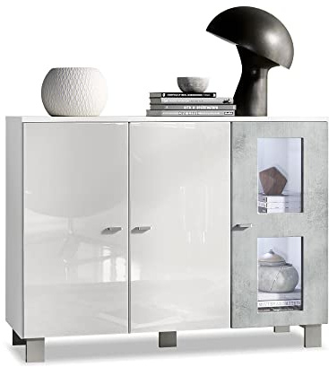 Vladon Sideboard Denjo, Made in Germany, Kommode mit 3 Türen, Weiß matt/Weiß Hochglanz/Beton Oxid-Optik, inkl. LED-Beleuchtung (107 x 81 x 35 cm)