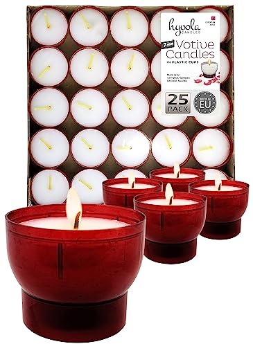 Hyoola Lot 25 Bougies Chauffe Plat - Chauffe Plat en Vrac dans un Gobelet en Plastique Rouge - Combustion de 7 Heures - Bougies Blanches Non Parfumées - Fabriquées en Europe