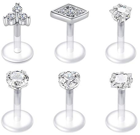 Briana Williams Plastik Lippenpiercing Stecker Labret Bars Retainer Bioflex Flexibel 16G 6mm Piercing Lippe Schmuck mit Stein