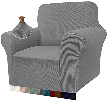 Granbest High Stretch Armchair Covers Super Soft Chair Covers for Living Room Jacquard Sofa Cover for Dogs Non Slip Chair Slipcover with Arms Furniture Protector (1 Seater, Light Gray)