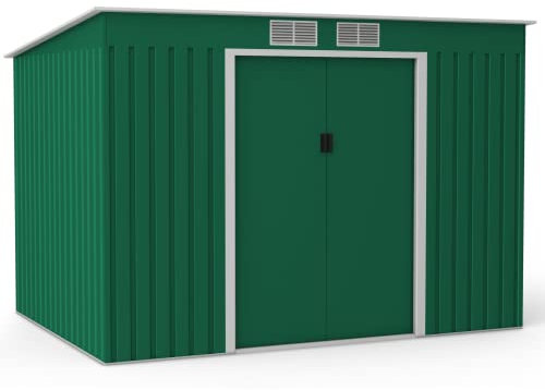 BillyOh Green Garden Storage Shed - 9x6 Galvanised Steel Tool House, Bike with Air Vents and Foundation Kit - Double Doors & Lockable Windowless Metal Shed for Outdoor Storage Cabinet Solutions