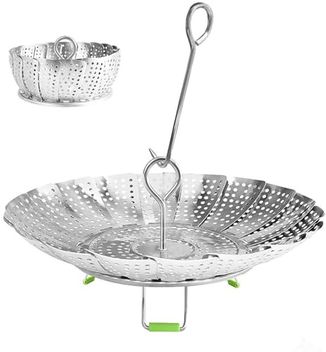 Vegetable Steamer Basket,Stainless Steel Folding Steamer Basket Insert for Cooking Veggies/Fish Seafood/Boiled Eggs with Safety Tool,Adjustable Sizes to fit Various Pots (6.4 to 10)
