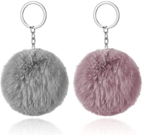 2 pièces Porte-clés pour femmes Charmes en peluche avec crochets en alliage pour sac à main, sac, sac à main (gris, rose)