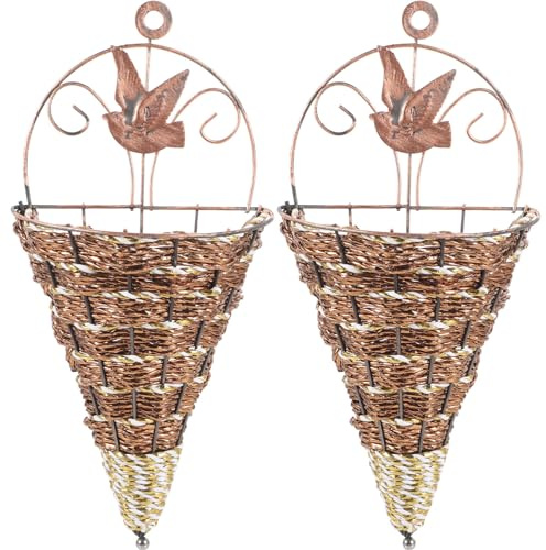 Amosfun Flower Baskets Woven Flower Basket: Wall Cone Shaped Planter Hanging Flower Pot Retro Storage Container 2pcs, Coffee, 31.5X14X7cm (2EYH11SRJ3620SU95Z)