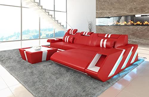 Sofa Apollonia L Form Ecksofa Ledersofa mit LED Ottomane Couch mit Kopfstützen Designersofa (Ottomane rechts, Rot-Weiß)