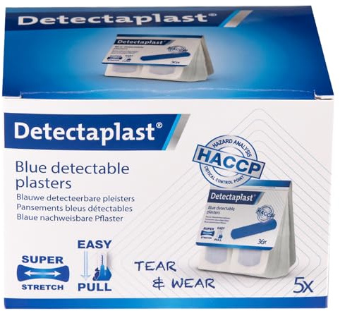 Detectaplast plåsterdispenser, första-hjälpen-sats och påfyllningsset, 5 set av påfyllningsförpackningar med 36 blå och elastiska plåster, 180 plåster för sår för livsmedelsindustrin